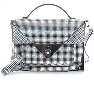 DKNY Mini Jacobean Hologram silver 100% leather cross body bag.